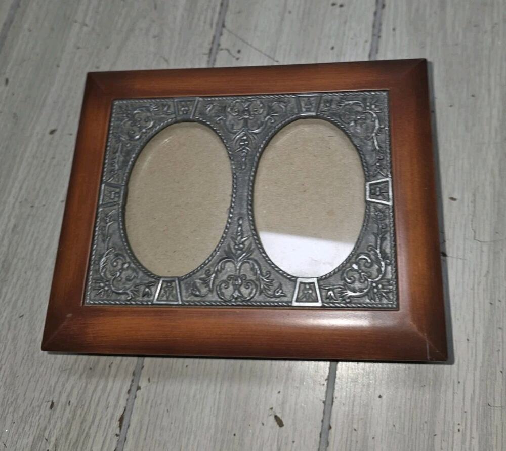 Vintage Floral Metal Inlay Wooden Jewelry Box Dbl Photo Frame Embossed Korea